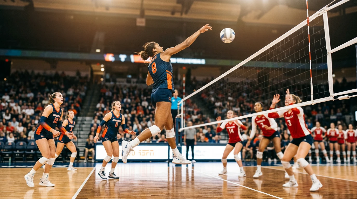 Volleyball-Spielfeld mit Netz und Spielern beim Angriff – Titelbild Volleyball Wett Tipps