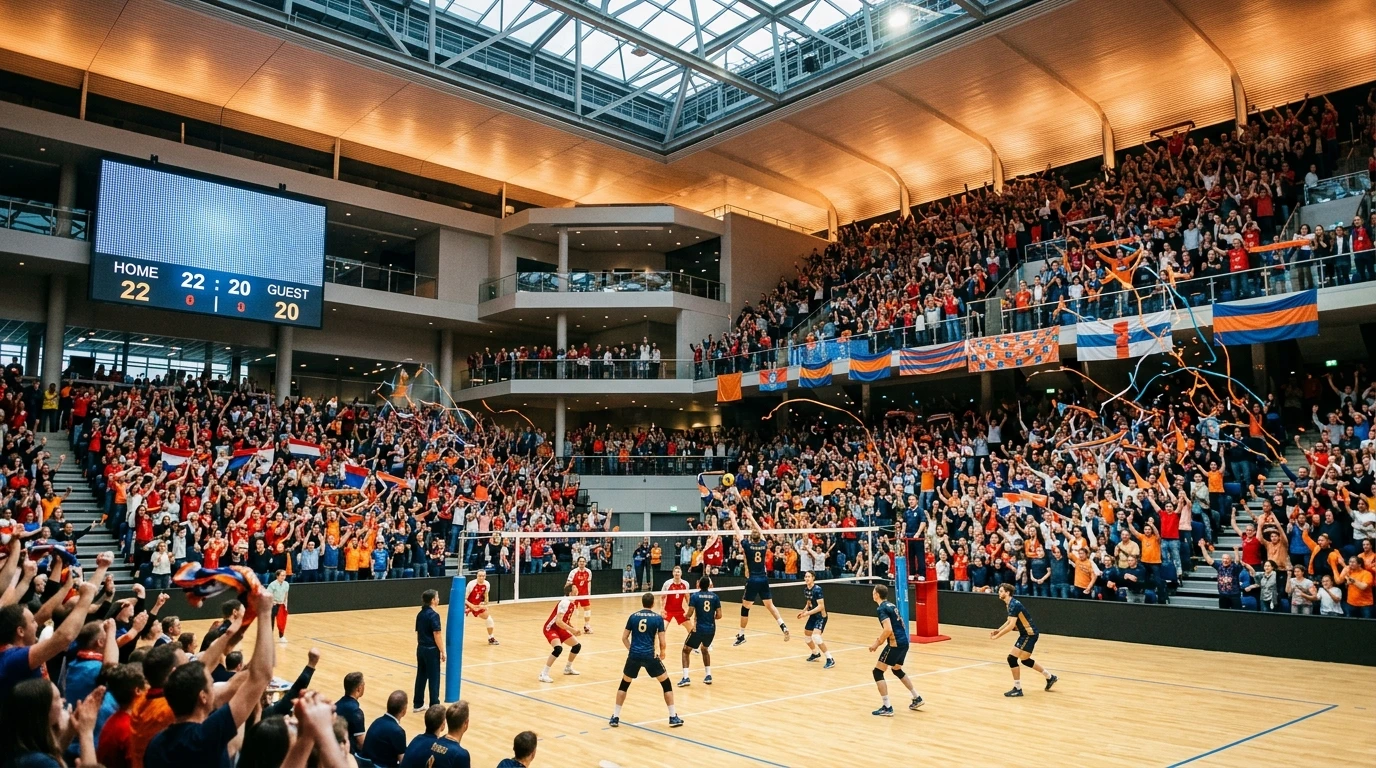 Volleyball-Fans feuern in einer vollen Halle ein Bundesliga-Spiel an