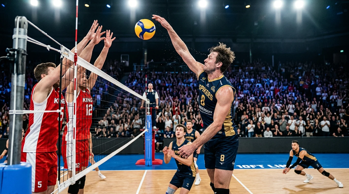 Volleyball-Spieler beim Schmetterschlag am Netz während eines Ligaspiels