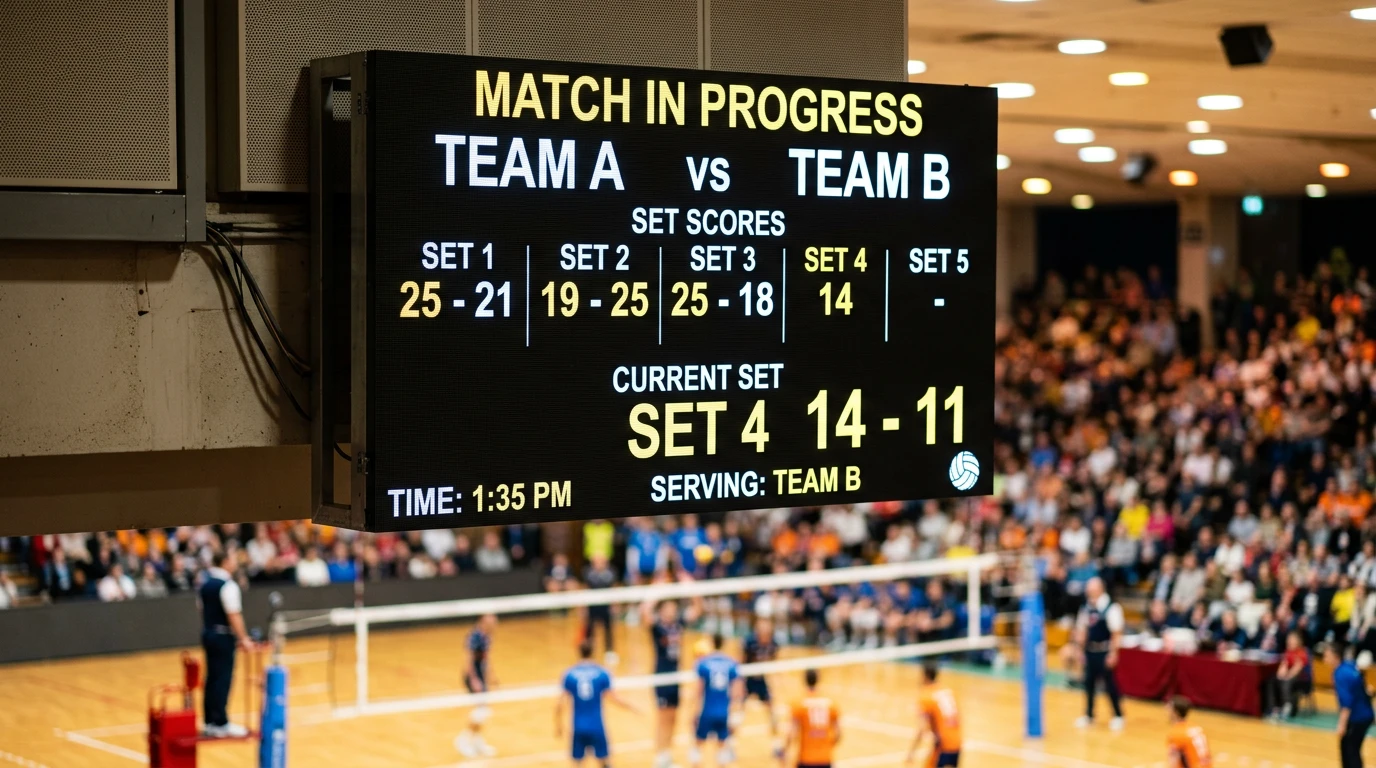 Volleyball-Anzeigetafel mit Spielstand und Satzergebnis in einer Sporthalle