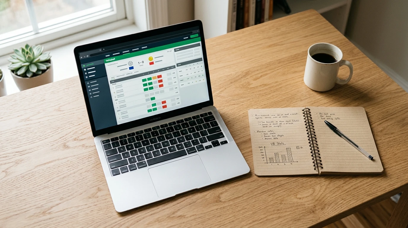 Laptop mit Sportwetten-Oberfläche neben einem Notizblock mit Stift auf einem Schreibtisch