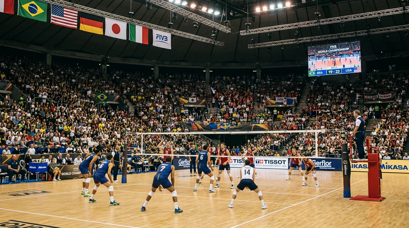 Zwei Volleyball-Nationalteams am Netz bei einem WM-Spiel vor Publikum